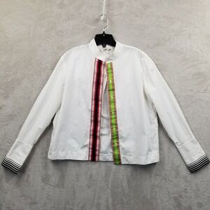 Diane von Furstenberg Blouse Women 6 White Ribbon Trim Architectual Boxy Minimal